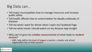 Slide listing everyday uses of big data, asking why it can't yet measure what makes teachers and leaders effective