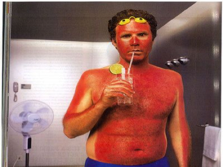Movie still of a man with a severe sunburn holding a drink, from the film Old School
