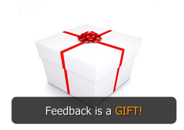 Wrapped gift box with a red ribbon, captioned 'Feedback is a GIFT!'
