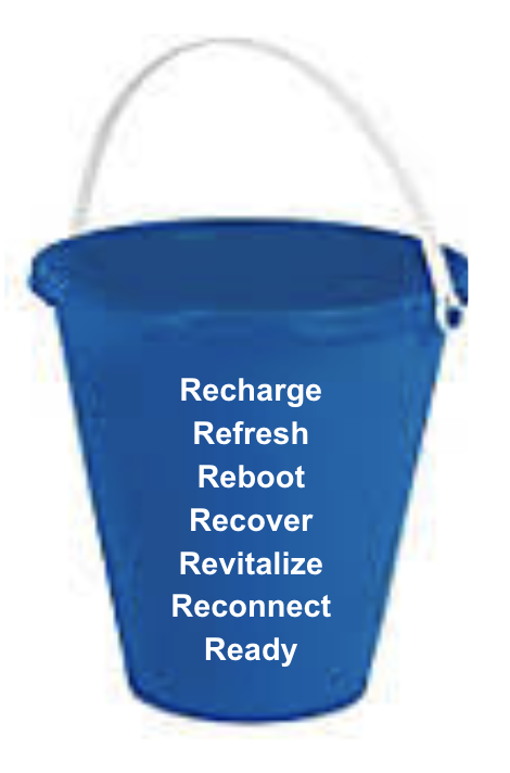 Blue bucket labeled with the words Recharge, Refresh, Reboot, Recover, Revitalize, Reconnect, and Ready
