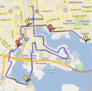 Map of a planned bike party route through Baltimore, marked with red and yellow pins