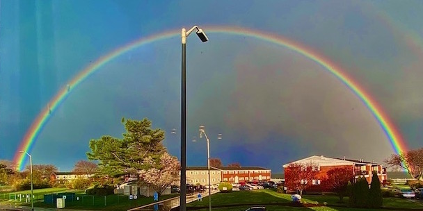 Full double rainbow arching over a residential neighborhood