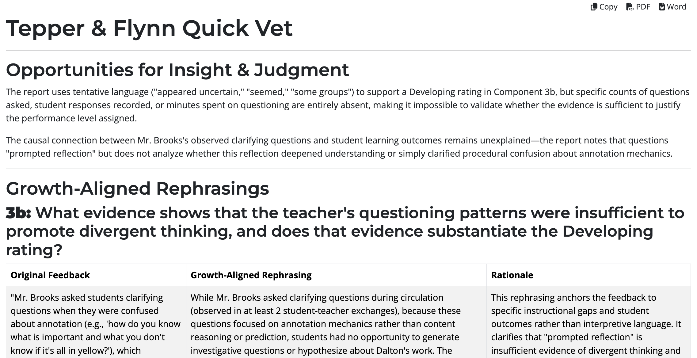 Tepper & Flynn Quick Vet report, showing opportunities for insight and judgment alongside growth-aligned rephrasings