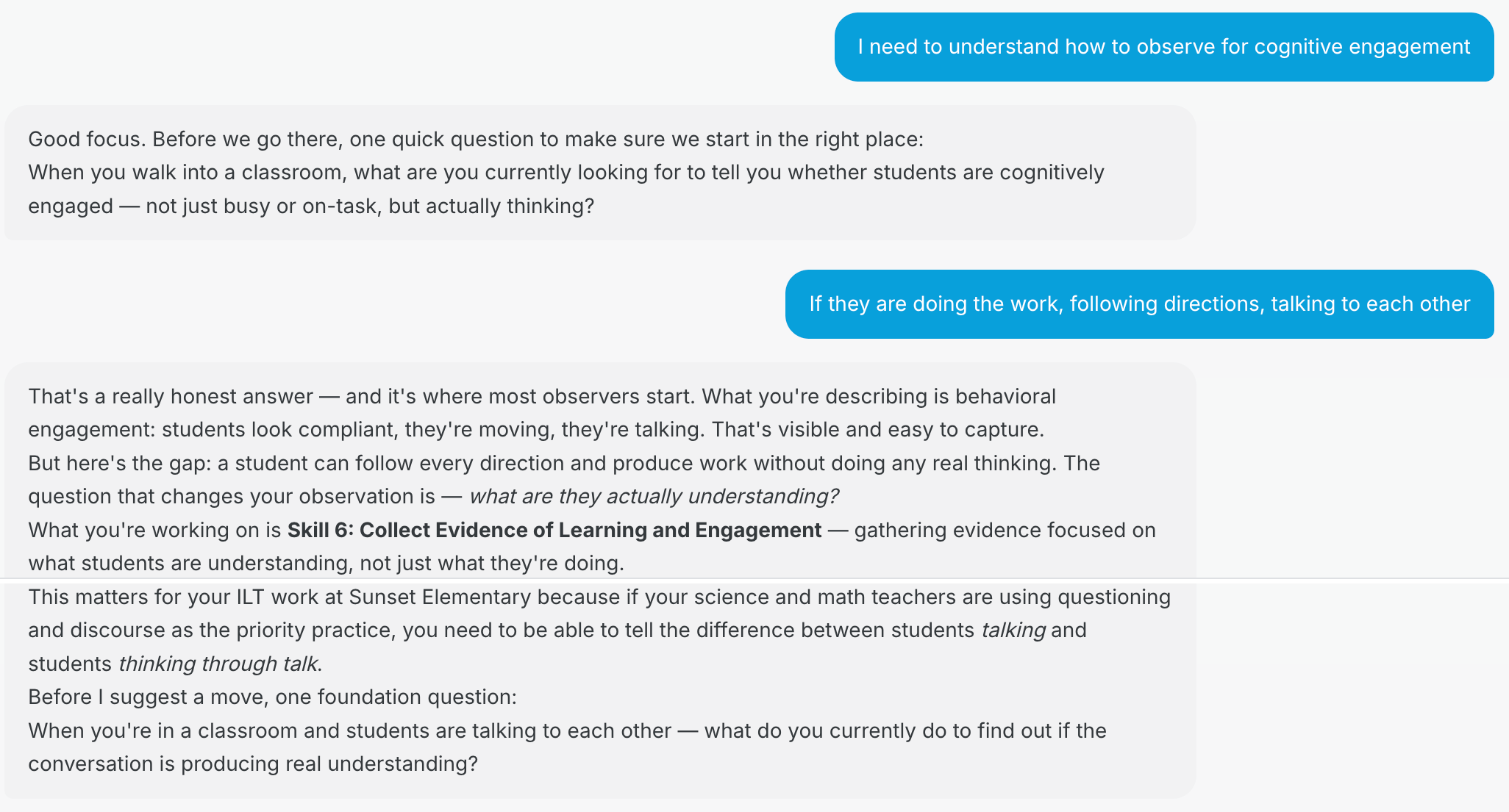 Feed Forward AI Coach chat interface guiding a leader through an individual classroom observation