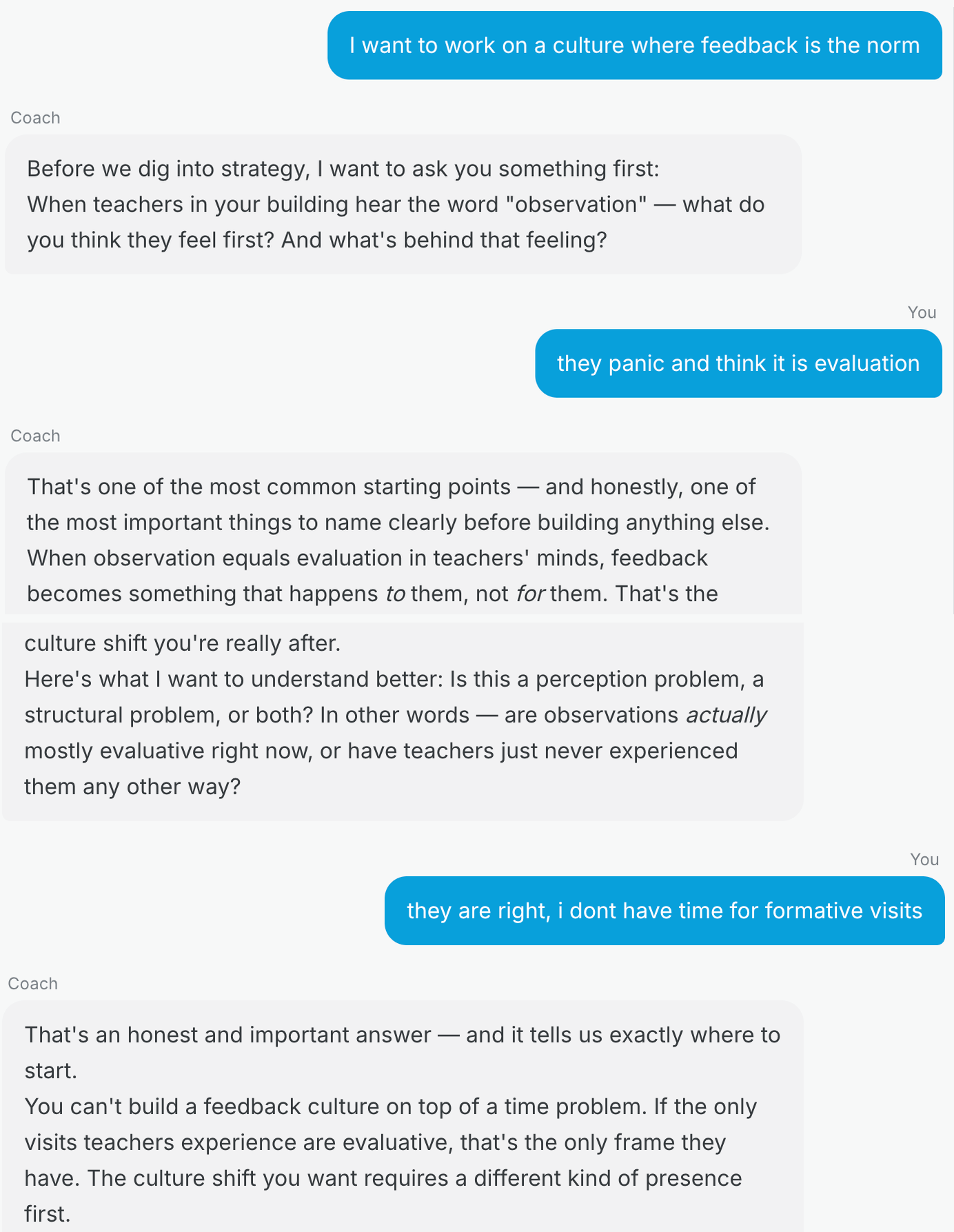 Lead Forward AI Coach chat interface guiding a leader through systems-level feedback culture planning