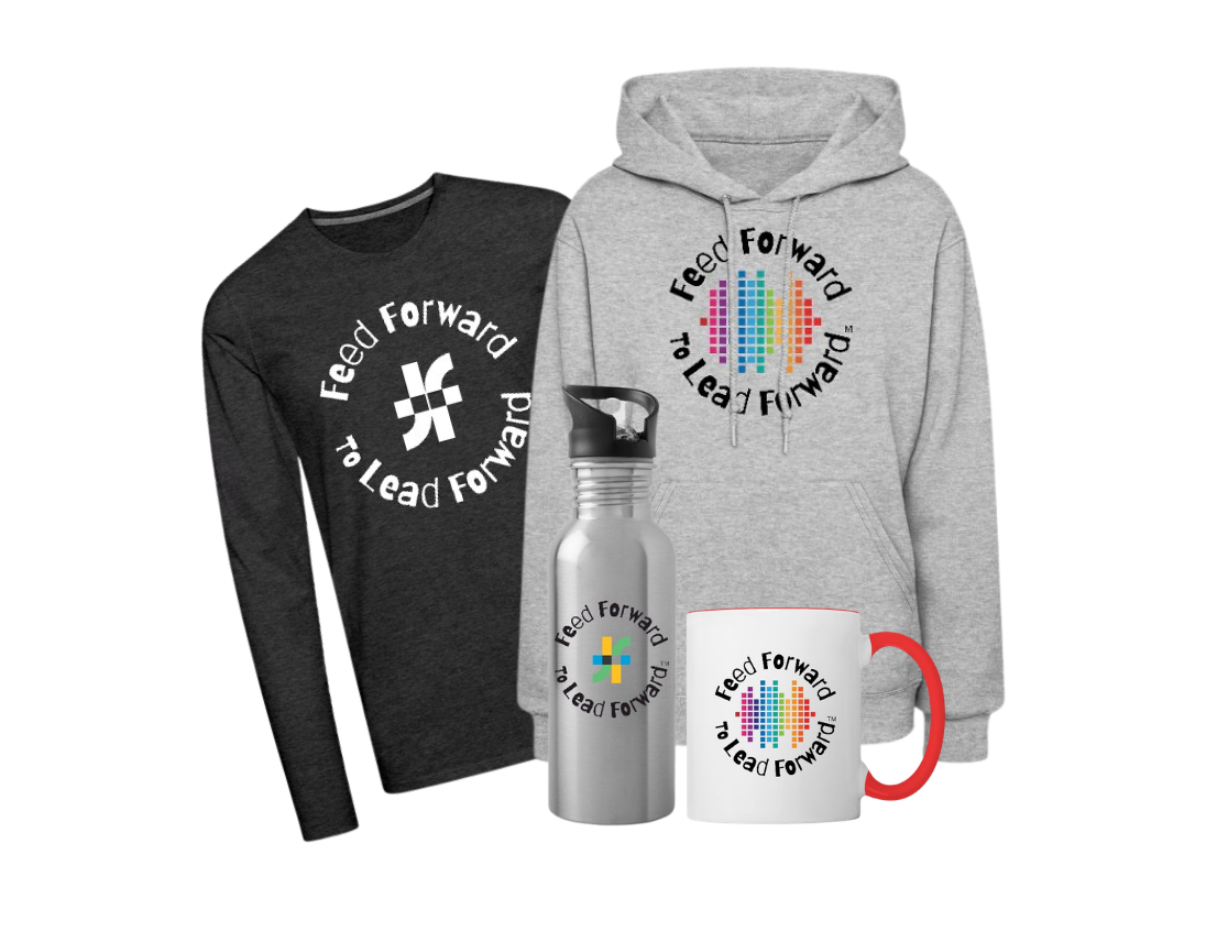Feed Forward branded hoodie, long-sleeve shirt, water bottle, and mug