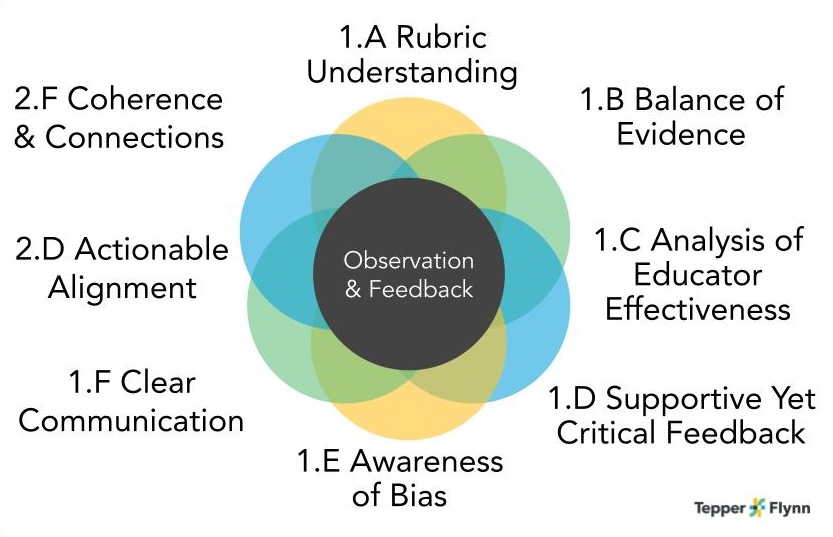 K-12 District Diagnostic showing the eight standards of observation and feedback, including Rubric Understanding, Evidence Analysis, and Actionable Alignment, with common leadership barriers.